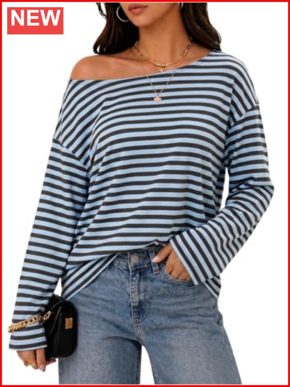Women's Off the Shoulder Striped Polka Dot Long Sleeve Asymmetrical Y2K Top